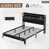 Siihnon Queen Size Bed Frame with 2-Tier Storage Shelves, LED Bed Frame with PU Leather Headboard, Metal Platform Bed with Charging Station, Noise Free, No Box Spring Needed, Easy Assembly, Black Siihnon