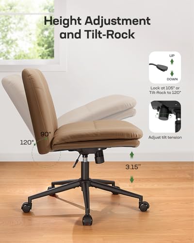 Marsail Armless-Office Desk Chair with Wheels: PU Leather Cross Legged Wide Chair,Comfortable Adjustable Swivel Computer Task Chairs for Home,Office,Make Up,Small Space,Bed Room, Brown Marsail
