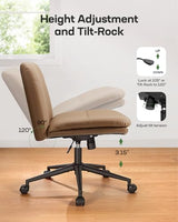 Marsail Armless-Office Desk Chair with Wheels: PU Leather Cross Legged Wide Chair,Comfortable Adjustable Swivel Computer Task Chairs for Home,Office,Make Up,Small Space,Bed Room, Brown Marsail