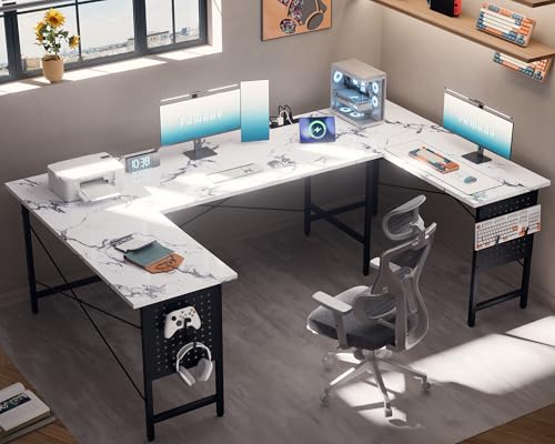 Pamray 71 Inch Large Computer Desk with Power Outlets,U Shaped Corner Desk for Home Office Work and Gaming Marble Pamray