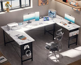 Pamray 71 Inch Large Computer Desk with Power Outlets,U Shaped Corner Desk for Home Office Work and Gaming Marble Pamray