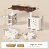SEDETA Farmhouse Electric Standing Desk, 55" Height Adjustable Computer Desk with 3 Drawers, File Cabinet, Storage Shelves, Power Outlets, Wood Home Office Desk for Work, Study, Writing, White SEDETA