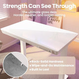 HUANUO Glass Standing Desk with Drawers, 35 x 20 Inch Electric Adjustable Height Desk, Quick Install One-Piece Tabletop with USB Charging Ports, White HUANUO