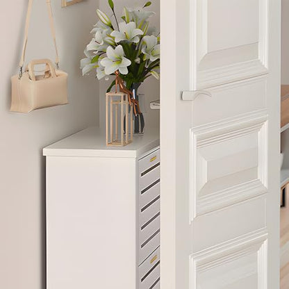 VECELO Shoe Cabinet Storage for Entryway with 3 Flip Drawers Slim Hidden Free Standing Organizer for Narrow Hallway, Bedroom, Living Room, Large Capacity, Modern, White, 3-Shelf - WoodArtSupply