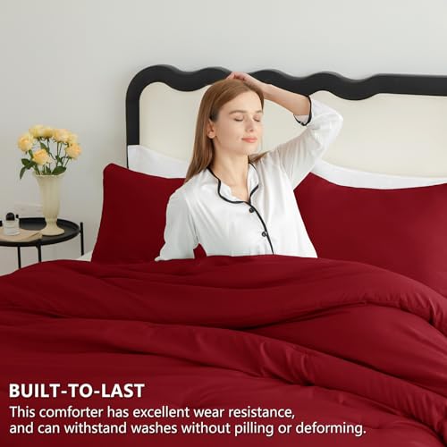 CozyLux King Size Comforter Set Dark Red, 3 Pieces Solid Breathable Quilted Style Bedding Sets, Luxury Fluffy Soft Bed Set with Down Alternative Comforter for All Season (1 Comforter & 2 Pillowcases)