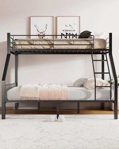 Miscoos Twin XL Over Queen Bunk Bed, Heavy Duty Bunk Bed with Safety Ladder and Full-Length Guardrails, Metal Queen Bed Frame with Slats Support for Adults, Teens, Kids, Black Miscoos