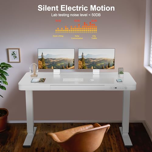 Furmax Electric Standing Desk with Drawer 48 x 24 Inch Adjustable Height Stand up Desk One-piece Board Pre-assembled Home Office Computer Desk with USB Ports, White Furmax
