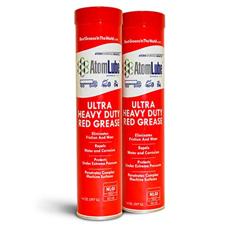 AtomLube Ultra Heavy Duty Red Grease, 2-Pack of 14 Oz. Tubes| Waterproof Lubricant & High Temp Grease| Wheel Bearing Grease for Semi Truck Accessories AtomLube