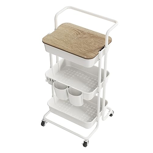 DTK 3 Tier Rolling Utility Cart with Cover Top - Versatile Kitchen and Home Storage Solution in White - WoodArtSupply