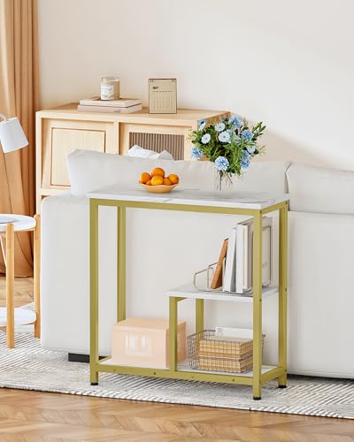 CHOEZON Modern Console Sofa Table 3-Tier Hallway Table Open Storage, Marble Veined Table Top, Metal Frame, for Entryway, Foyer, Marble White and Gold TXG03DJ CHOEZON