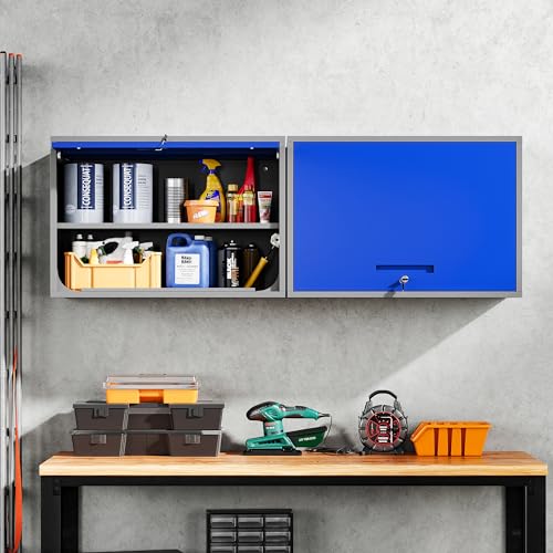 Yizosh Metal Storage Cabinet with Doors & Shelves - Wall Mounted, Floating - Blue Gray, 21.6" H - For Garage, Basement, Kitchen, Warehouse Yizosh