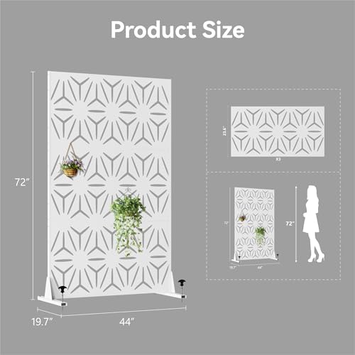 Heavy-Duty Outdoor Privacy Screen for Patio, Balcony, Backyard - 72" H * 44" W Metal Room Divider with Modern Geometric Pattern, Anti-Tipping Kit, Weather Resistant, Easy Assembly (White-SJX) QINPTWUT