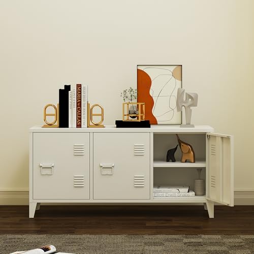 MIOCASA Metal Cabinet with Doors and Shelf,Industrial Steel Storage Cabinet TV Stand, 2 Tier Low Locker TV Cabinet for Home and Office White Size: 44.49W×15.75D×22.83H MIOCASA