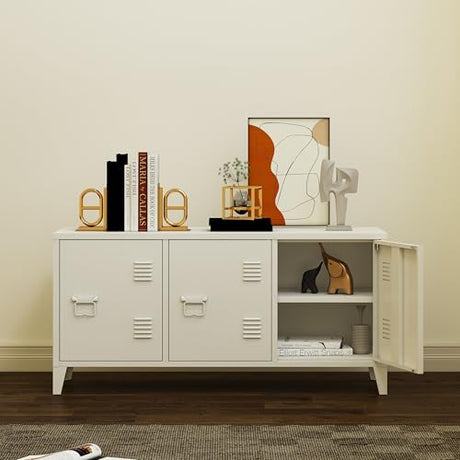 MIOCASA Metal Cabinet with Doors and Shelf,Industrial Steel Storage Cabinet TV Stand, 2 Tier Low Locker TV Cabinet for Home and Office White Size: 44.49W×15.75D×22.83H MIOCASA