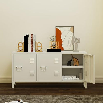 MIOCASA Metal Cabinet with Doors and Shelf,Industrial Steel Storage Cabinet TV Stand, 2 Tier Low Locker TV Cabinet for Home and Office White Size: 44.49W×15.75D×22.83H