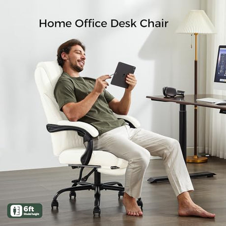 amseatec Office Chair, Big and Tall Office Chair with Foot Rest Ergonomic Chair Home Office Desk Chairs Reclining High Back Leather Chair with Lumbar Support(White) amseatec