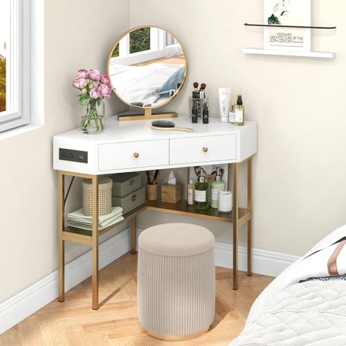 Tangkula Corner Desk with 2 Drawers & Built-in Charging Station, 90 Degrees Triangle Corner Computer Desk for Small Space, Bedroom Makeup Vanity Desk with Storage Shelves, Corner Desk (Gold & - WoodArtSupply