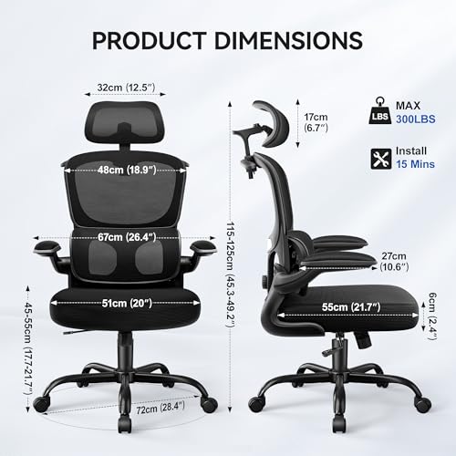 ALLGOD Ergonomic Office Chair, Mesh Desk Chair with Lumbar Support, High Back Home Office Chair with Adjustable Headrest and Flip-Up Arms, Comfortable Computer Chair, Thick Cushion, 300 LBS, Black ALLGOD