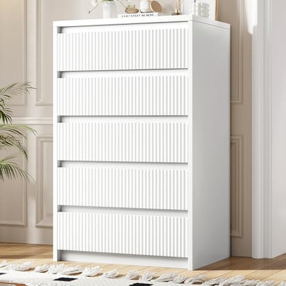 Jocoevol White Dresser 5 Drawer Dresser for Bedroom, Modern Fluted Dresser with Deep Drawers and Mirror, Wooden Dresser Chest of Drawers for Living Room, Hallway, Entryway - WoodArtSupply