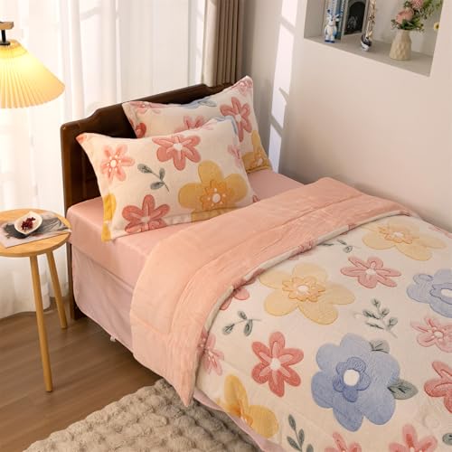 Holawakaka Full Fluffy Comforter Set, Cute Botanical Flowers Print Fleece Bedding Set for Girls Women, Super Soft Floral Fuzzy Bed Set with Pillowcases for Nursery & Kids Teen's Bedroom Holawakaka