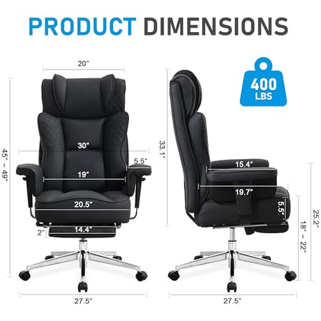 OwgeinSet Big and Tall Office Chair, Ergonomic Leather Reclining Chair with Footrest, High-Back Comfy Executive Computer Desk Chairs with Lumbar Support, Wide Seat, 400LBS (Black) OwgeinSet