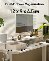 FEZIBO 55 x 24 Inch Height Adjustable Electric Standing Desk with Double Drawer, Stand up Home Office Computer Desk with 4 Height-Adjustable Feets & 2 Hooks, White FEZIBO