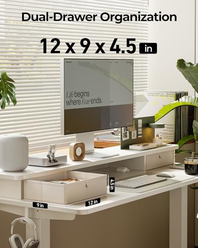 FEZIBO 55 x 24 Inch Height Adjustable Electric Standing Desk with Double Drawer, Stand up Home Office Computer Desk with 4 Height-Adjustable Feets & 2 Hooks, White FEZIBO