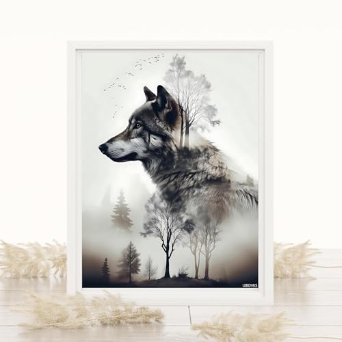 UIBDVKS Black and White Wolf 5D Diamond Painting Kits for Adults, Wildlife Wolf with Trees Diamond Art Kits for Gift Home Wall Decor 12x16 inch UIBDVKS