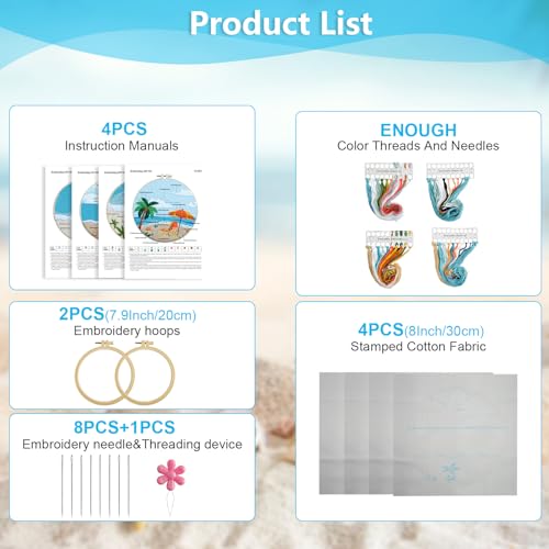 4 Set Ocean Embroidery Kit for Beginners Adults Embroidery Starter Kit Ocean Beach Pattern Spring Summer Hand Crewel Embroidery Kit Cross Stitch Kit Include Instruction 2 Hoops Color Threads Needles