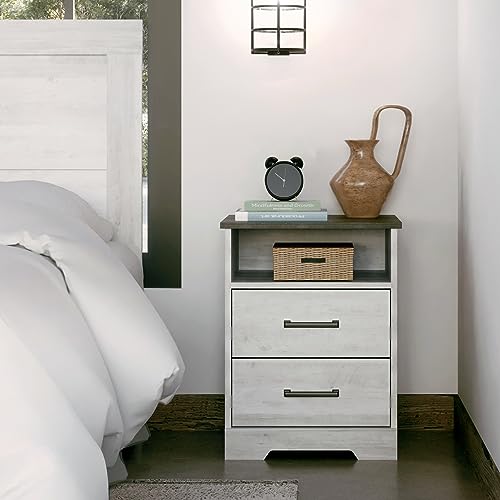 Prepac Rustic Ridge Farmhouse Nightstand with 2 Drawers and an Open Cubby, Wooden Bedside Table for Bedroom, Office, or Living Room, 16.25in x 18.75in x 24.5in, Washed White - WoodArtSupply