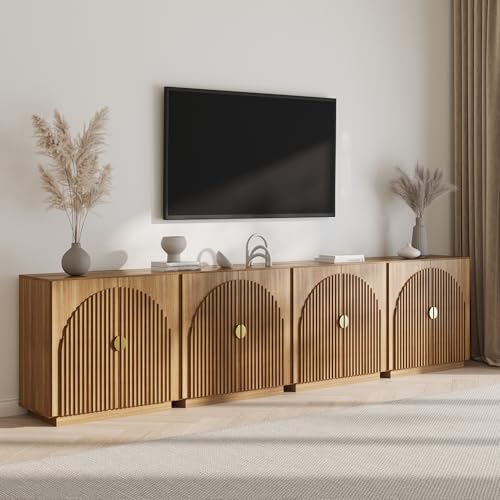 BELLEZE Set of 2 Modular Fluted Sideboard Buffet Cabinet with Storage, Mid-Century Modern Console Table with Symmetrical Arched Doors, Credenza for Dining Room, Kitchen and Living Room, Caramel Brown BELLEZE
