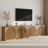 BELLEZE Set of 2 Modular Fluted Sideboard Buffet Cabinet with Storage, Mid-Century Modern Console Table with Symmetrical Arched Doors, Credenza for Dining Room, Kitchen and Living Room, Caramel Brown BELLEZE