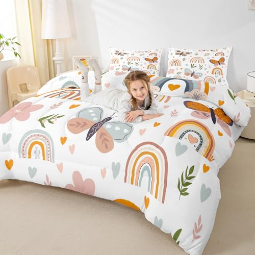 Homewish Boho Rainbow Comforter Set Twin Size Cute Butterfly Bedding Set 2pcs for Kids Girls Boys Adult Room Decor Cartoon Love Heart Palm Leaves Quilt Set Animals Botanical Duvet Insert,1 Pillowcase Homewish
