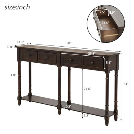 Amposei Retro Classic Wood Console Table 58-Inch Long Narrow Sofa Entry Table with Drawers & Open Shelf for Living Room Entrance Hallway Furniture, Espresso Amposei