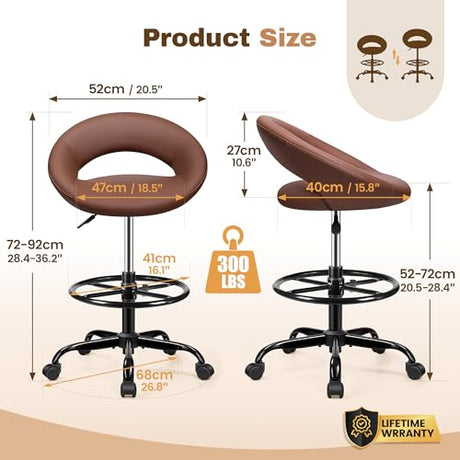 BESTFAIR Drafting Chair with Back, Height Adjustable Rolling Stool with Foot Rest, Tall 360° Swivel Stool PU Leather Chair with Wheels for Home Office, Standing Desk, Brown BESTFAIR