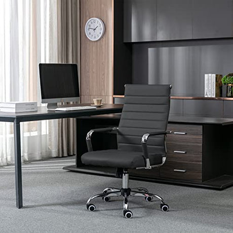 BOWTHY Home Office Chair Ribbed, Modern Leather Conference Room Chairs, Ergonomic Office Desk Chair, High Back Executive Computer Chair, Adjustable Swivel Chair with Arms (Black) BOWTHY