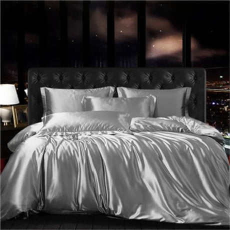 Natural Mulberry Silk-Blending Fabric Duvet Cover Set Satin Bedding Set Queen Size Silky Quilt Cover Set 3 AU Single Size 4 pcs#Set Suwequest