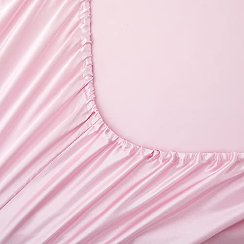 Satin Fitted Sheet, Full Fitted Sheet Only, 1 - Piece Ultra Soft Deep Pocket Single Silk Bottom Bed Sheet Full - Pink Luxbedding