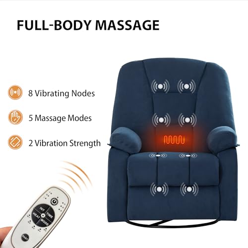 Ketaiyou Power Swivel Rocker Recliner with Massage and Heat, USB and Type-C Port, Infinite Position, Electric Glider Rocking Chairs Living Room, Soft Fabric Reclining Sofa Chair (Velvet Blue)