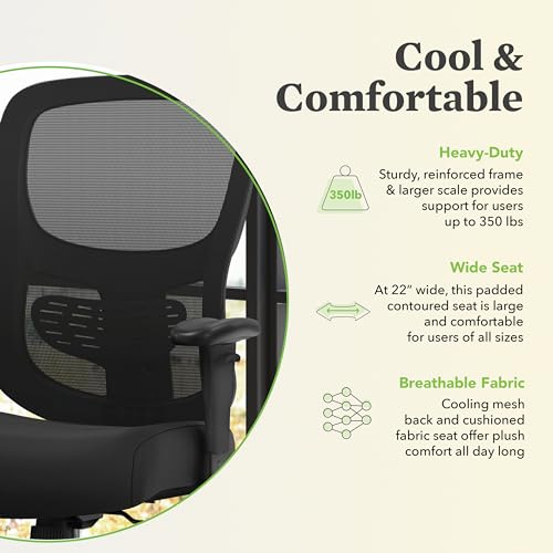 HON Sadie Big and Tall Office Chair, Ergonomic Desk Chair with Mesh Back, Lumbar Support, 350 lb Max, Black HON