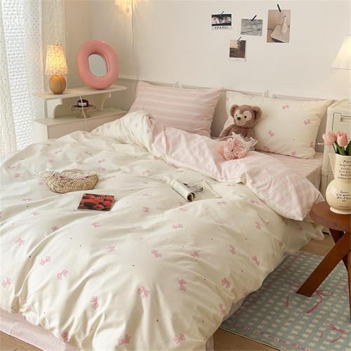 Sedefen Striped Duvet Cover Full Size Pink Stripes Bow Bedding Set 3 Pcs Cotton Princess Style Cute Bowknot Dot Reversible Comforter Cover for Kids Boys Girls with Zipper Closure and 2 Pillowcases Sedefen