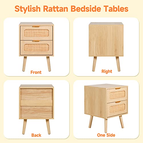 LAZZO Set of 2 Nightstands Wooden Night Stands with Rattan Drawers Home Bedside End Table for Bedroom (2 Drawers Design) LAZZO