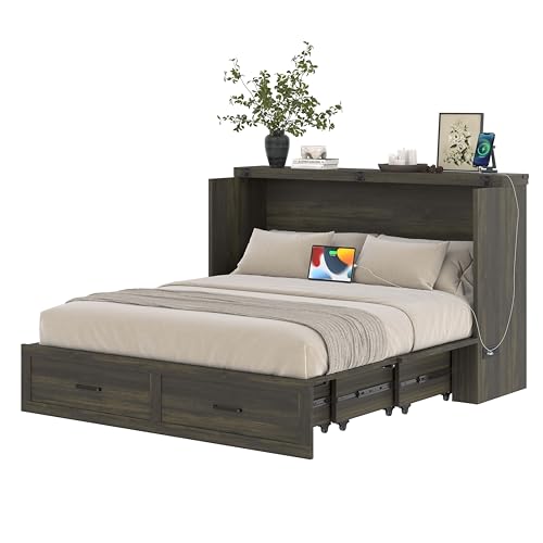 Ball & Cast Murphy Bed Queen Size Bed Frame with Charging Station,Murphy Bed Cabinet Foldable Platform Bed w/Large Storage Drawer,can be Folded,Slat Support,No Box Spring Needed,for Apartment,Gray Ball & Cast