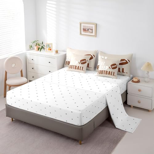 Feelyou Football Comforter Set with Sheets Full Size Rugby Sports 7 Pieces Bedding Set for Kids Boys Girls Teens Beige Brown Sports Ball Game Bed in a Bag Gift for Football Lover Bed Set Feelyou