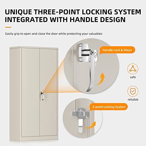 INTERGREAT Tall Metal Storage Cabinet Locking Steel with 4 Adjustable Shelves,72" Lockable Cabinets Lock 2 Doors for Office Garage Supply Home (Cream Gray) INTERGREAT