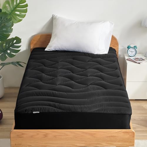 SLEEP ZONE Cooling Twin Mattress Topper for Single Bed, Premium Zoned Cool Mattress Pad Cover, Padded Mattress Protector Breathable Washable, Deep Pocket 8-21" (Black, Twin) SLEEP ZONE