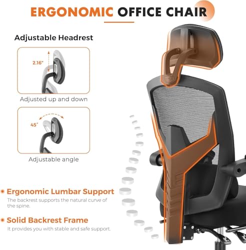 Sweetcrispy Office Computer Desk Chair, Ergonomic High-Back Mesh Rolling Work Swivel Chairs with Wheels, Comfortable Lumbar Support, Comfy Arms for Home, Bedroom, Study, Student, Black Sweetcrispy