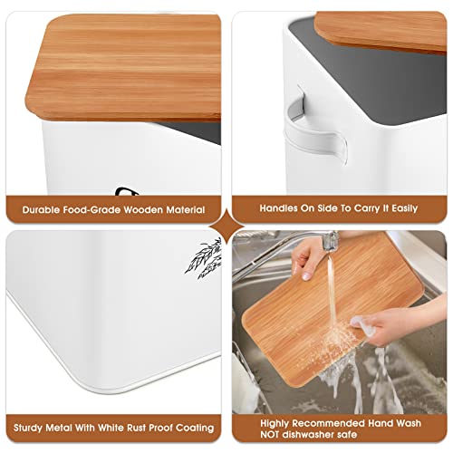 TeamFar Bread Box with Wooden Lid, 13.1” x 7.2” x 9.7” Metal Bread Container Storage Holder for Family Farmhouse Kitchen Countertop, Powder-Coated & Healthy, Large Capacity & Classic Pattern (White) TeamFar