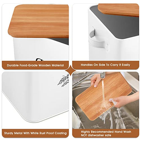 TeamFar Bread Box with Wooden Lid, 13.1” x 7.2” x 9.7” Metal Bread Container Storage Holder for Family Farmhouse Kitchen Countertop, Powder-Coated & Healthy, Large Capacity & Classic Pattern (White) TeamFar
