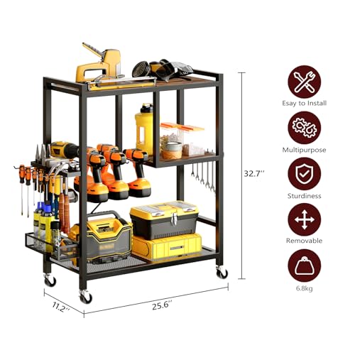 MAHANCRIS Power Tool Organizer, Power Tool Cart with Wheels, Garage Storage Organization, 6-8 Drill Rack Shelf Tool Holder, Rolling Tool Cart Mobile Open Tool Chest Cabinet Box for Workshop TCHR9901